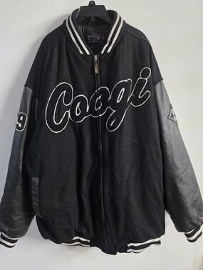 Vintage COOGI Varsity Jacket Mens 5XL Black Leather Wool Spell Out Y2K Hip Hop